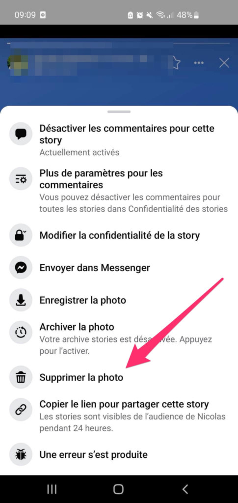 supprimer story facebook sur smartphone