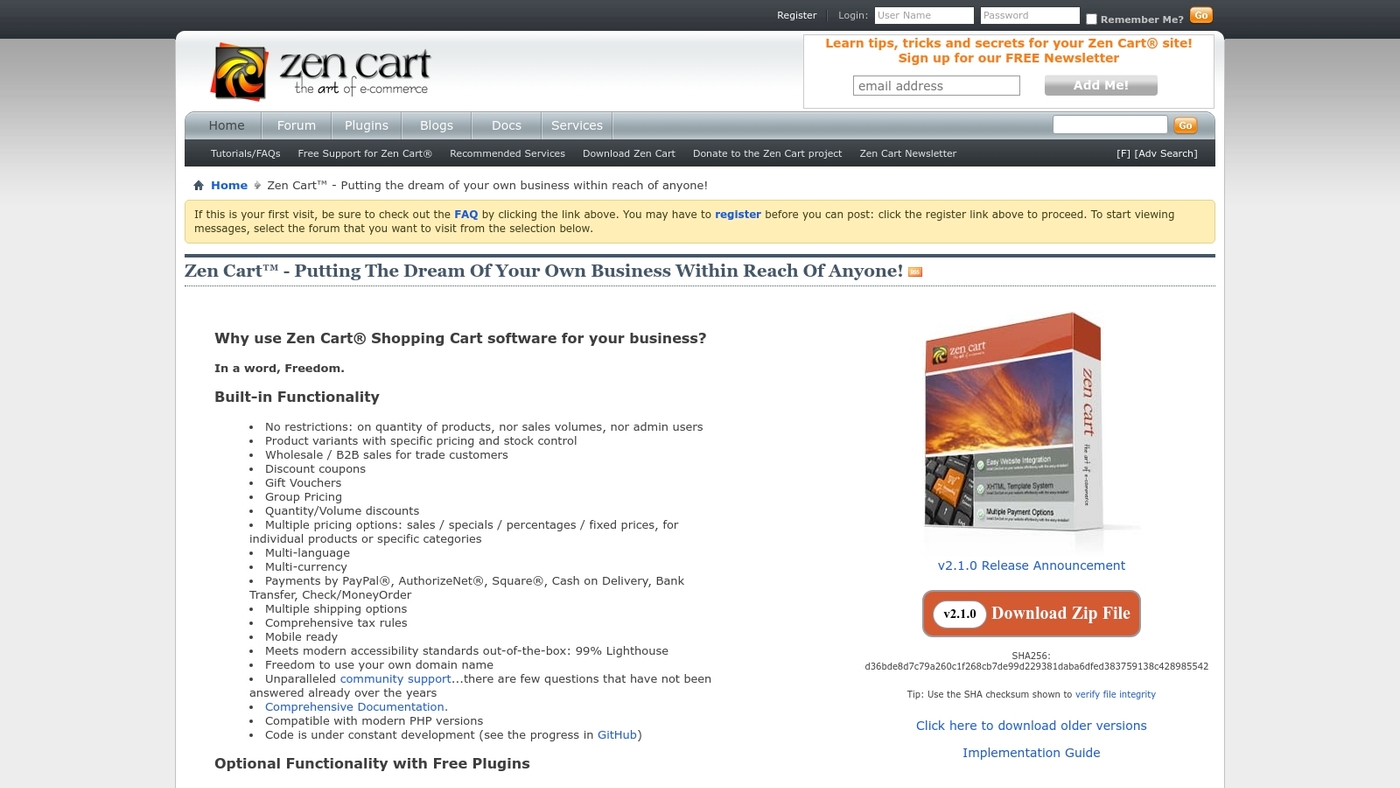 Screenshot of www.zen-cart.com